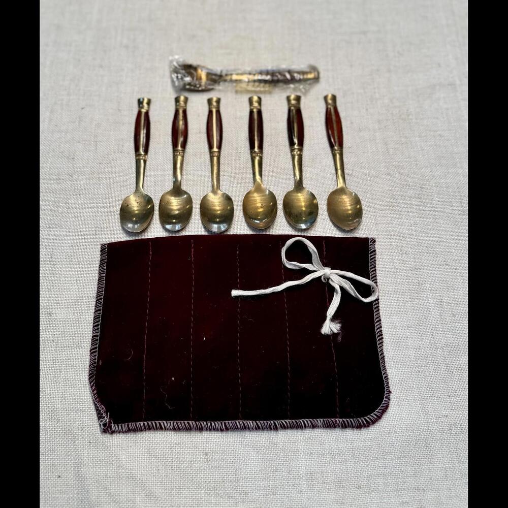 Vintage Brass and Inlaid Teak Wood Demitasse Spoons - 7